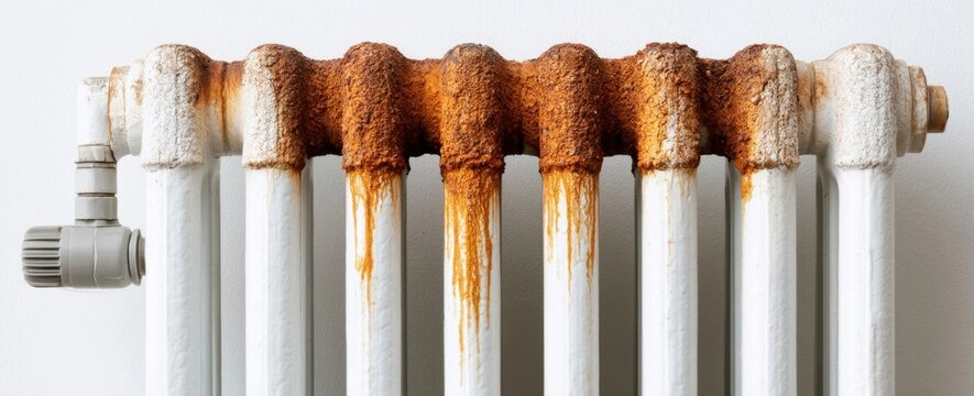 Corroded white metal heating radiator with orange rust drips