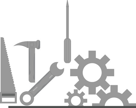 Vector illustration of grey industrial working tools including saw hammer wrench screwdriver and gears on a white background