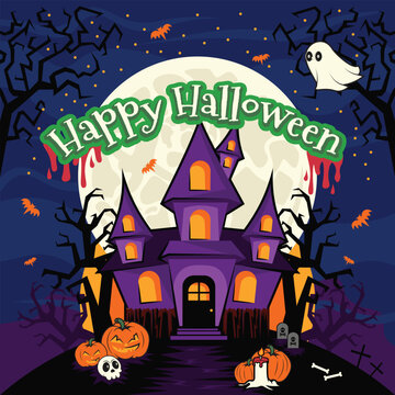 Happy Halloween Night Haunted House Illustration