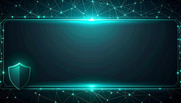 Abstract cybersecurity and digital technology background with glowing teal network connections and copy space for banner design