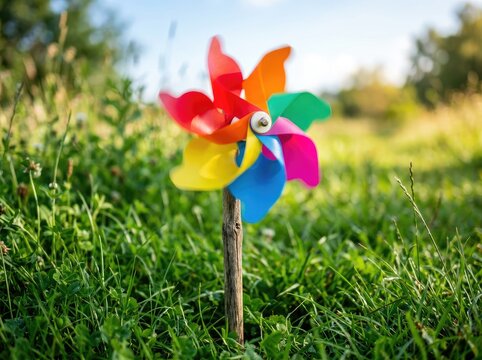 Colorful pinwheel standing in green grass field ideal for clean energy and nature concepts symbolizing optimism freedom and sustainable future