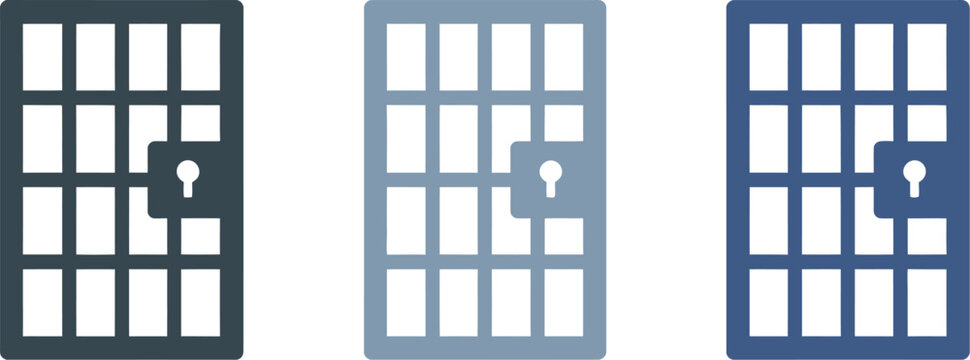 Jail icon symbol collection, isolated on white background, minimal flat prison bars icons, confinement, detention, security, restricted access, correctional facility, law enforcement, and solid black 