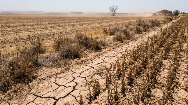 Severe drought causing cracked earth and dying crops in a dry agricultural field.