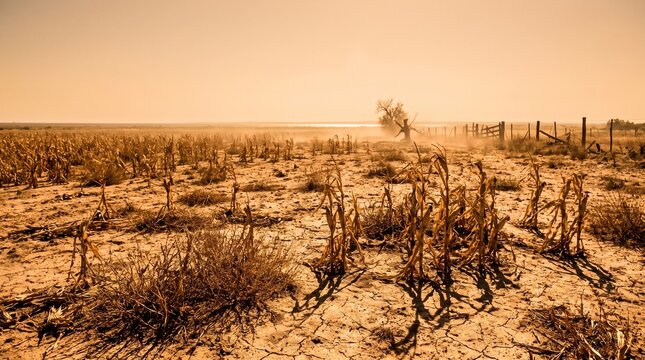 Severe drought causing crop failure in a dry dusty agricultural field.