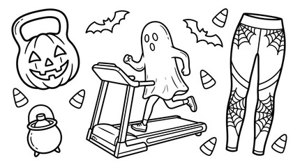 Fototapeta premium Halloween fitness vector illustration with ghost on treadmill, jack-o-lantern kettlebell, spiderweb leggings, candy corn, cauldron, bats