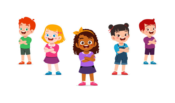 Group of diverse happy children smiling standing with arms crossed in a joyful colorful cartoon illustration