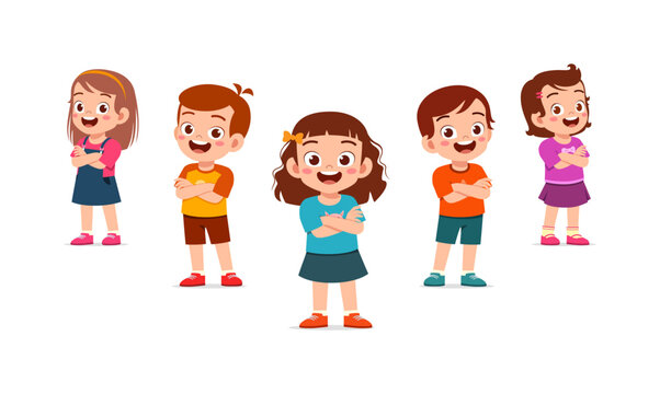 Group of five happy smiling Asian children boys and girls standing cheerfully with arms crossed