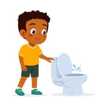 A cheerful African American boy happily flushing the toilet with a big smile a detailed digital illustration