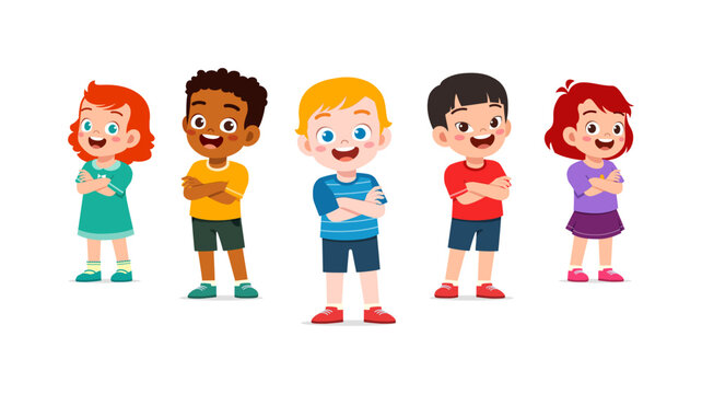 Five diverse happy smiling children standing confidently side by side with arms crossed joyful kids