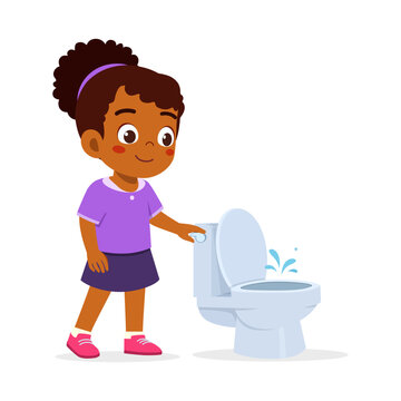 Happy young African American girl flushes the toilet with a smile and curly hair