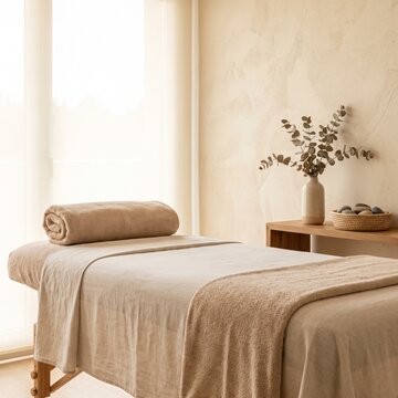 Luxury Spa Treatment Room with Massage Bed Natural Decor and Copy Space