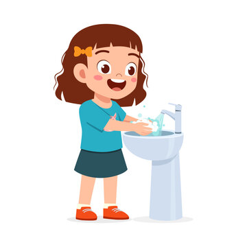 Happy little girl happily washing her hands with soap and water in a bathroom sink hygiene education