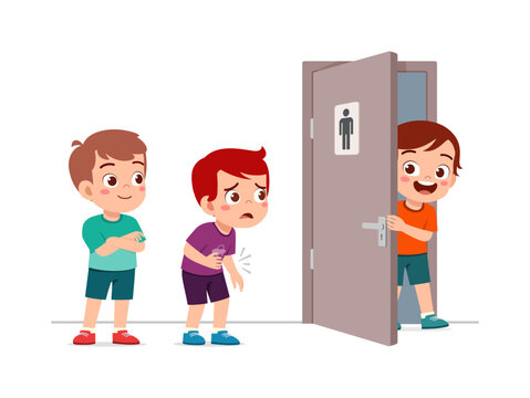 One Little Boy has a Stomach Ache while His Friend is Happy Exiting the Restroom as Another Child Waits