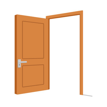Open wooden door with a silver handle and keyhole showing an empty doorway in a clean flat illustration