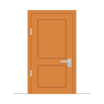 A simple closed brown wooden door with a silver handle and keyhole in a clean modern flat design illustration