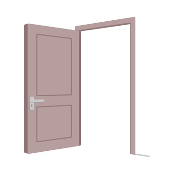 Simple open pink door with silver handle revealing an empty white space beyond the frame