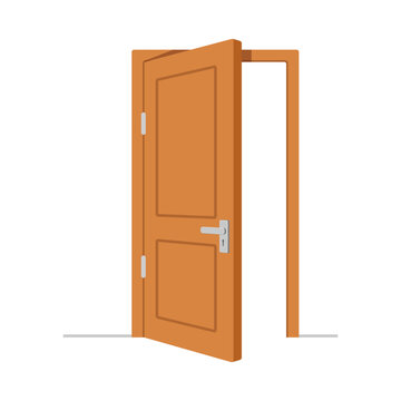 A wooden door slightly ajar revealing a bright white space in a clean modern illustration