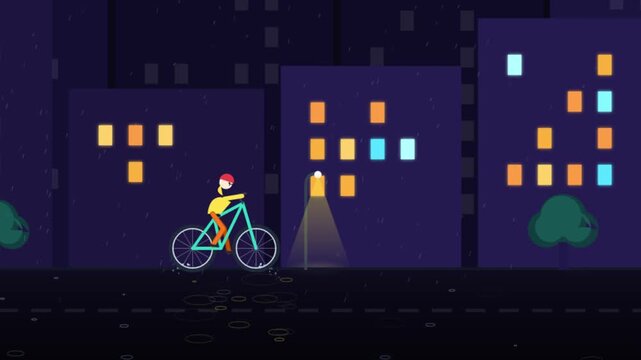 2D Animated Cyclist Riding in Rainy City Night Graphic