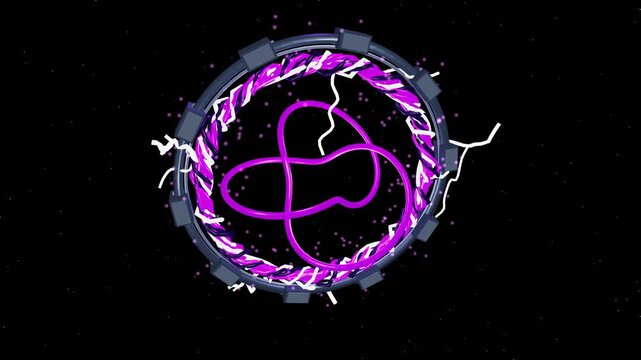 Futuristic portal with purple energy ring and lightning in outer space