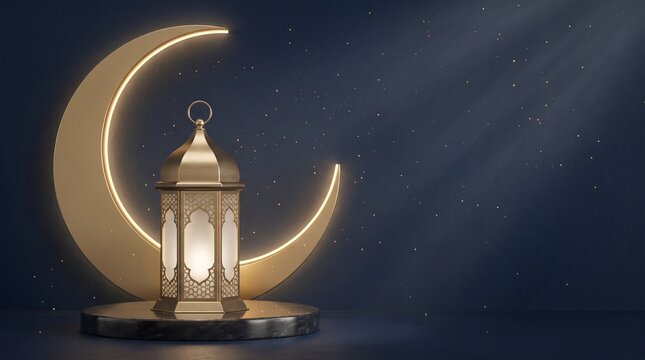 Elegant Golden Crescent and Lantern: A Serene Ramadan Celebration
