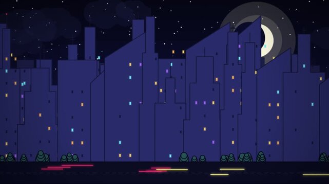 2D Animated City Skyline Night Moonlit Parallax Graphic