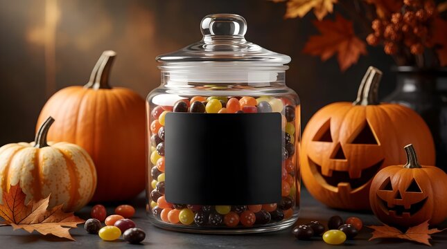 halloween candy jar mockup with colorful sweets and pumpkins