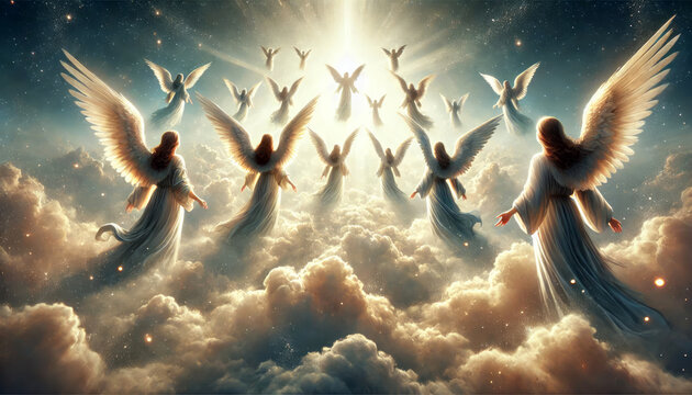 Several angelic figures rise above glowing clouds in radiant light, creating a serene celestial scene with realistic wings. Heavenly peace and spiritual transcendence concept