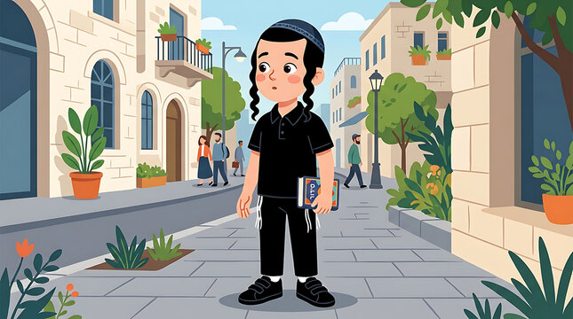 Young religious Jewish boy with sidelocks and kippah holding a sacred book on a historic stone street in old Jerusalem city