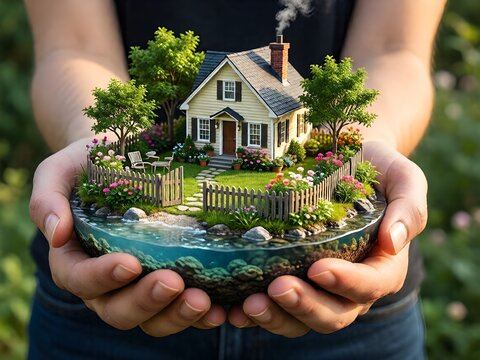 Small fantastic island with a house and backyard in women's hands.