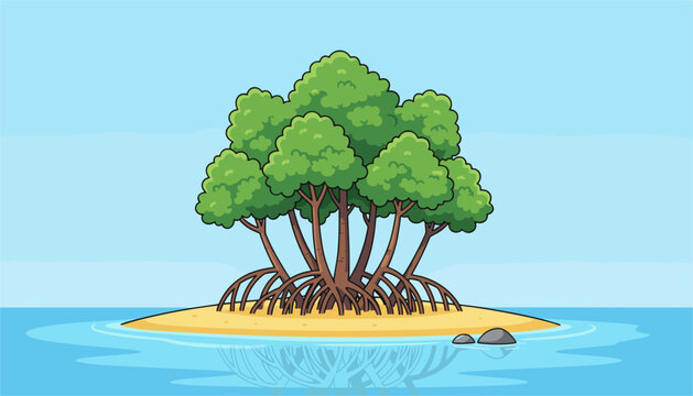 Mangrove tree with complex exposed roots stands on a small desert island surrounded by calm blue ocean water in a vector illustration style.
