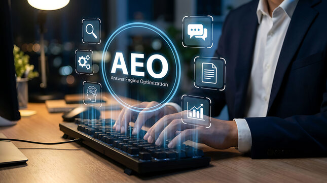 Professional typing on a keyboard with futuristic holographic interfaces for AEO Answer Engine Optimization and digital marketing strategy