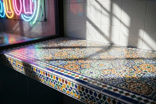 Colorful Moroccan Mosaic Countertop with Neon Light and Shadows
