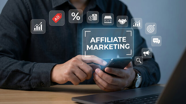 Businessman using mobile phone with digital affiliate marketing interface and icons