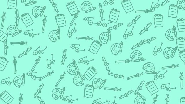 Handdrawn notepad paint palette pencil spectacle doodles teal background pattern. Suitable for stationery items, art and craft products.