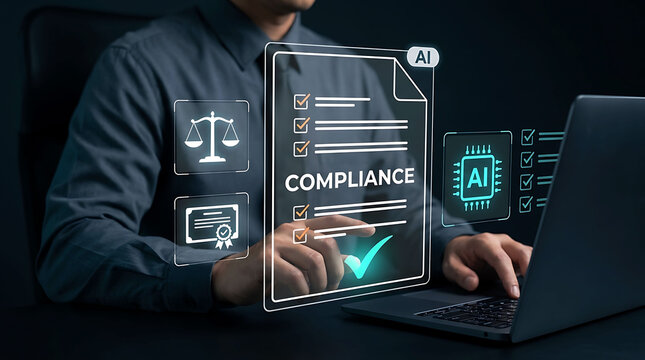 Businessman verifying AI regulatory compliance and policy checklist on laptop