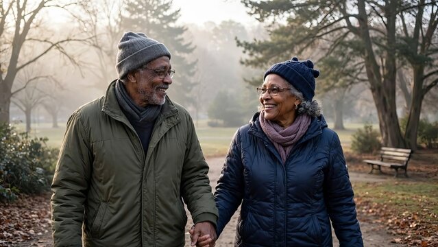  casal idoso caminhando de m&atilde;os dadas em um parque arborizado com neblina ao fundo