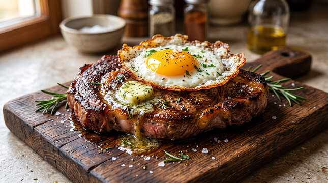 Grilled ribeye steak topped with a sunnysideup fried egg and melting herb butter on a rustic wooden cutting board with rosemary and sea salt