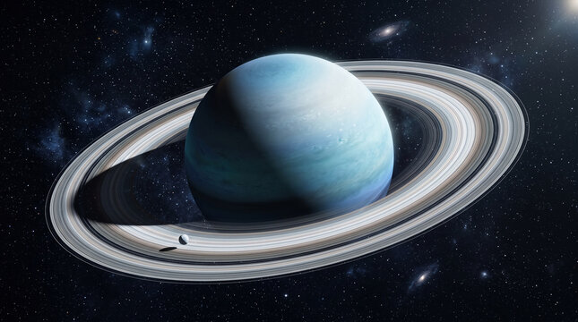 A majestic ice giant planet with prominent rings and a small moon orbiting in deep space, surrounded by a vast starfield and distant galaxies
