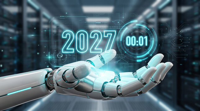 Futuristic robotic hand holding a glowing digital interface with the year 2027 and a countdown timer in a hightech server room environment