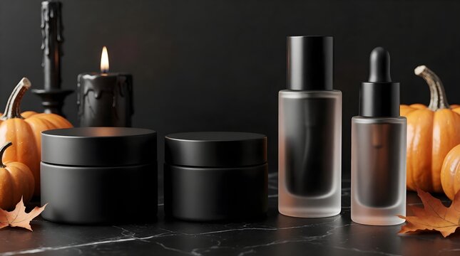 halloween cosmetic packaging mockup with black bottle on dark background