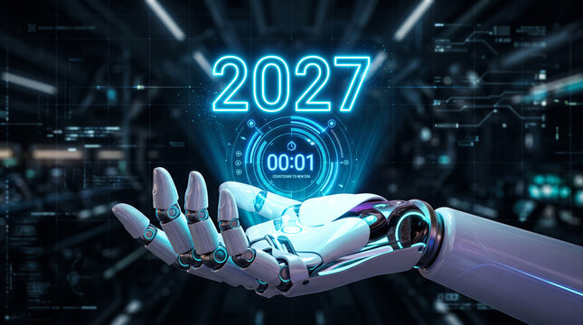 Futuristic robotic hand holding a glowing 2027 digital countdown interface in a hightech cybernetic environment