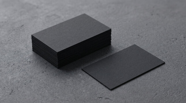 Stack of blank black business cards on a dark textured concrete background