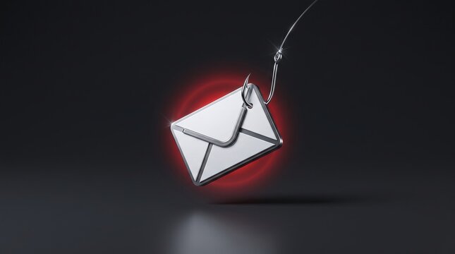 A silver fishing hook suspended with a glowing red background, capturing a metallic envelope symbolizing phishing concepts.