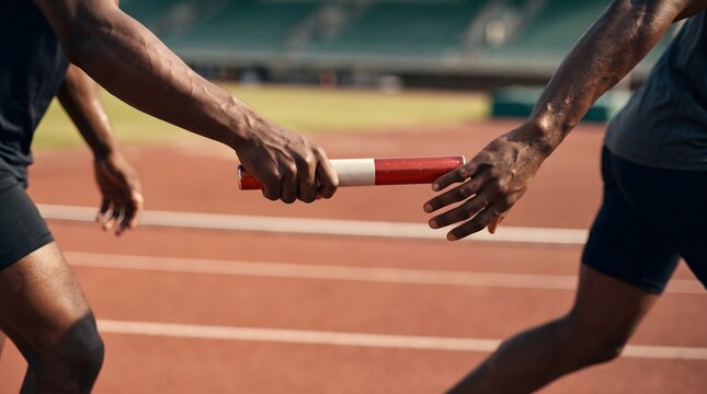 Athletes handing over red baton during track and field relay competition