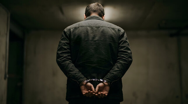 Rear view of a handcuffed man in a dark concrete interrogation room representing crime and justice