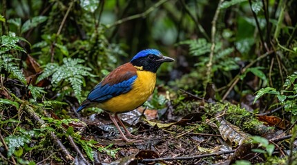 Fototapeta premium Gurney's Pitta bird standing on the forest floor in its natural tropical habitat