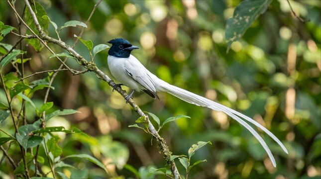 Asian Paradise Flycatcher bird perched on a branch in a lush green forest environment.