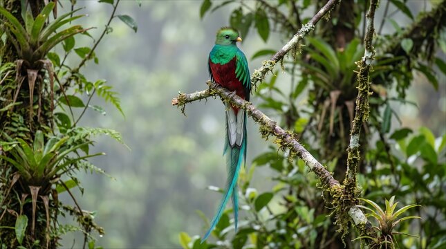 Resplendent Quetzal bird perched on a mossy branch in a lush tropical cloud forest habitat.