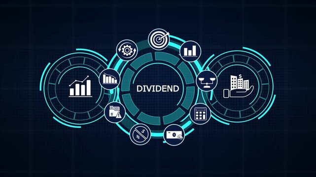 Dividend payout business finance dashboard UI featuring corporate earnings charts and interactive investment icons