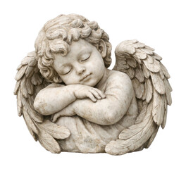 Fototapeta premium PNG Serene stone angel sculpture with folded wings.